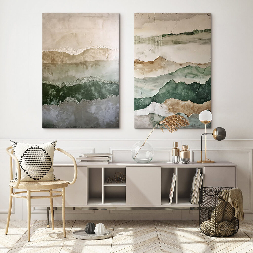 Painting of mountains and a crack in the wall