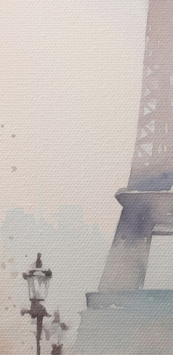 Watercolor painting of a city street and a woman walking with an umbrella