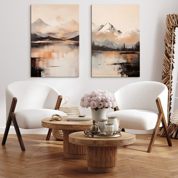 Painting of mountains and a lake