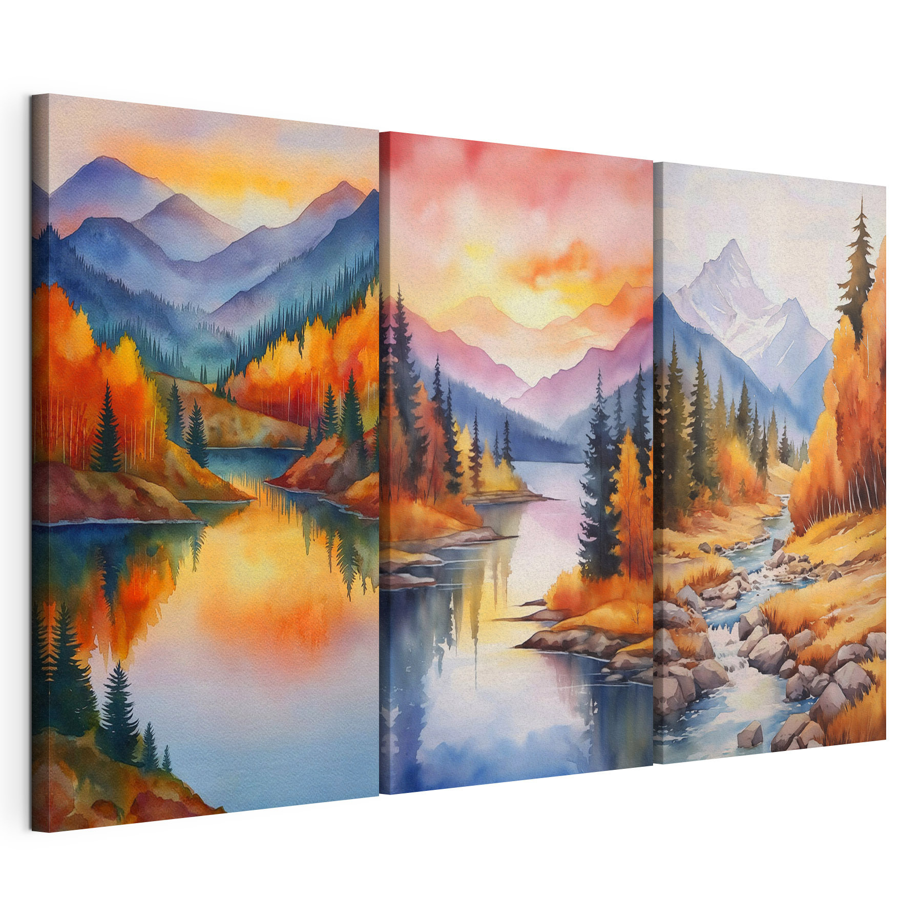Group of paintings of a river and mountains