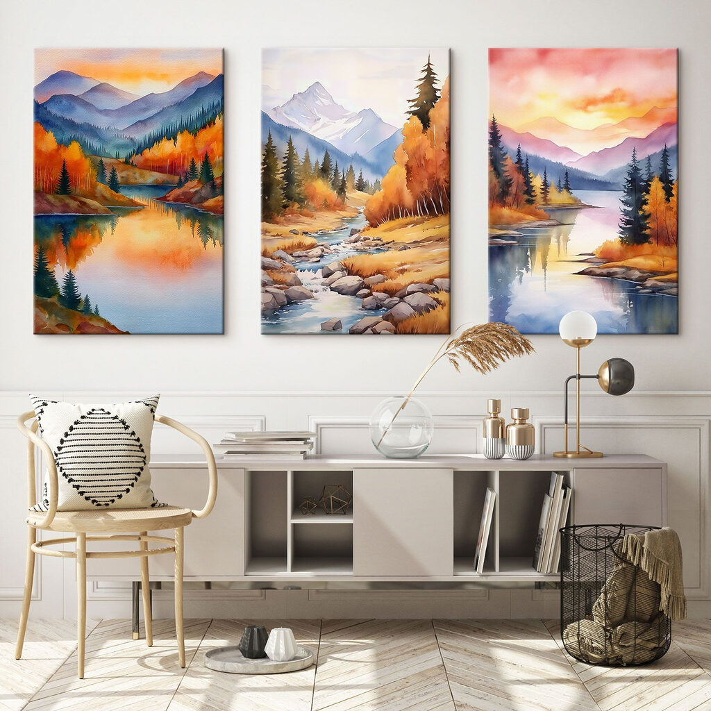 Group of paintings of a river and mountains