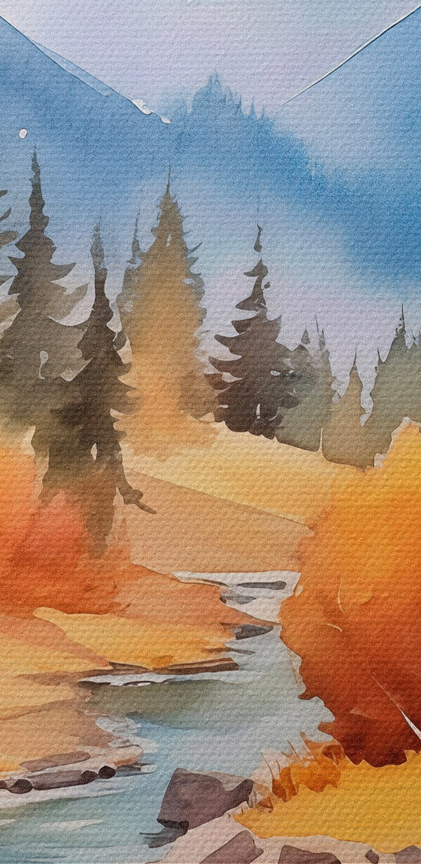 Group of paintings of a river and mountains