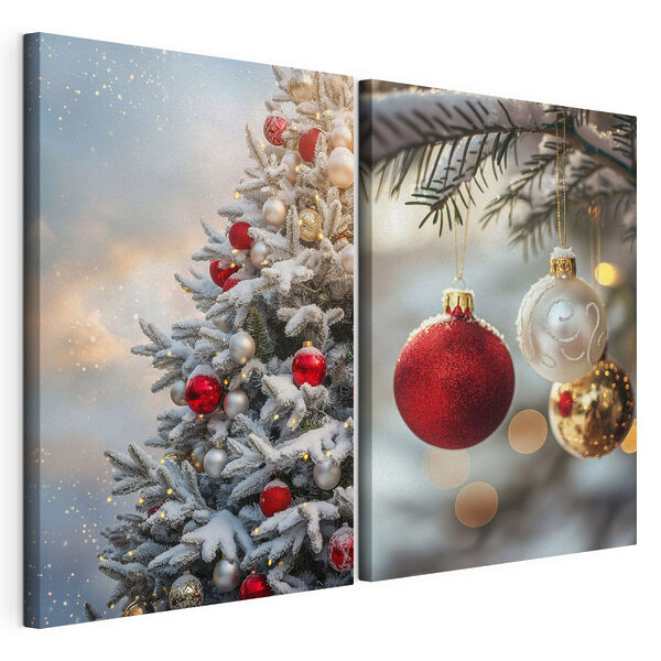 Festive ornaments hang on trees
