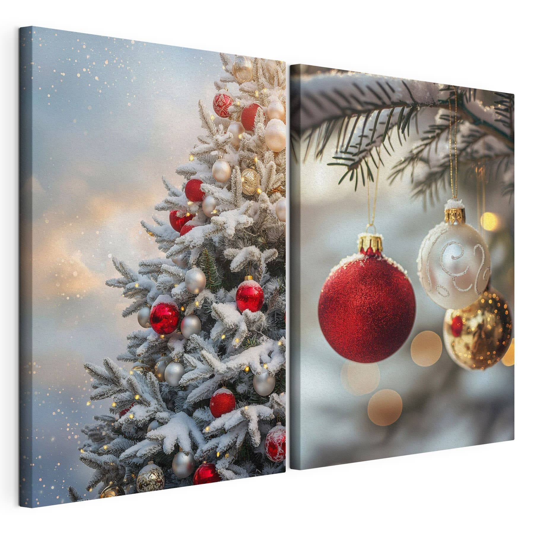 Festive ornaments hang on trees