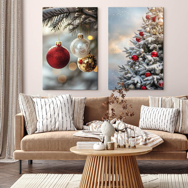 Festive ornaments hang on trees
