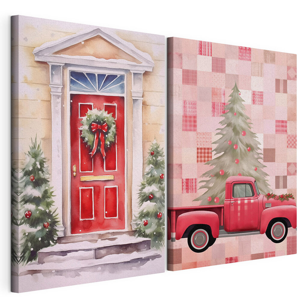 Red truck and a red door with a wreath and a red truck Red truck and a red door with a wreath and a red truck