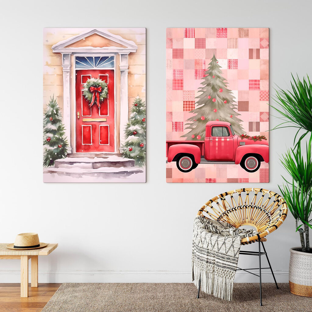 Red truck and a red door with a wreath and a red truck Red truck and a red door with a wreath and a red truck