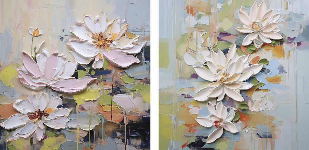 - Elegant blooms in soft pastel hues - Elegant blooms in soft pastel hues
