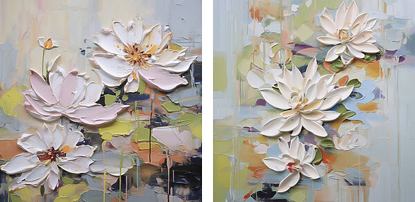 - Elegant blooms in soft pastel hues - Elegant blooms in soft pastel hues