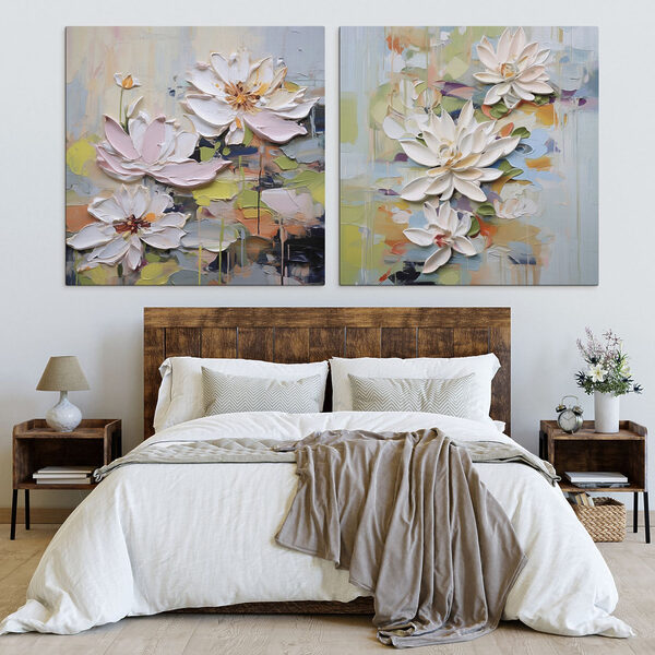 - Elegant blooms in soft pastel hues - Elegant blooms in soft pastel hues
