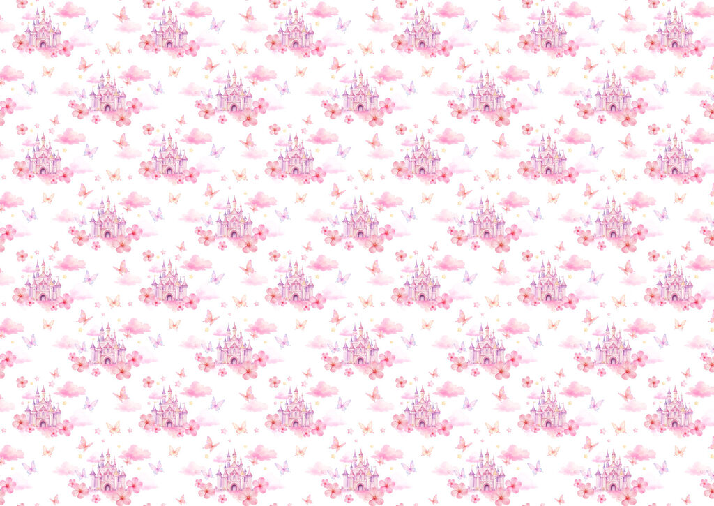 Pattern of pink and purple butterflies and a castle