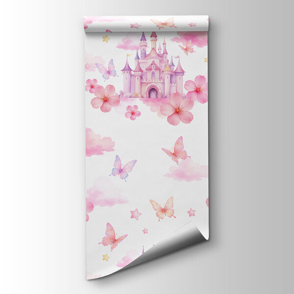 Pattern of pink and purple butterflies and a castle