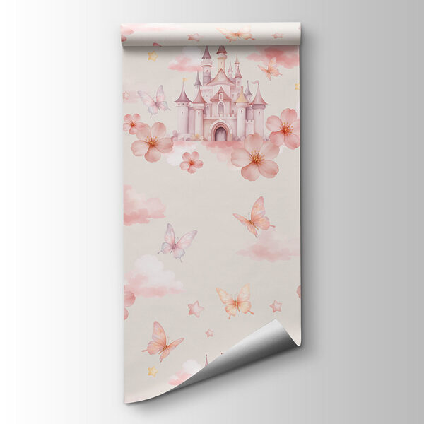 Pattern of pink butterflies and a castle