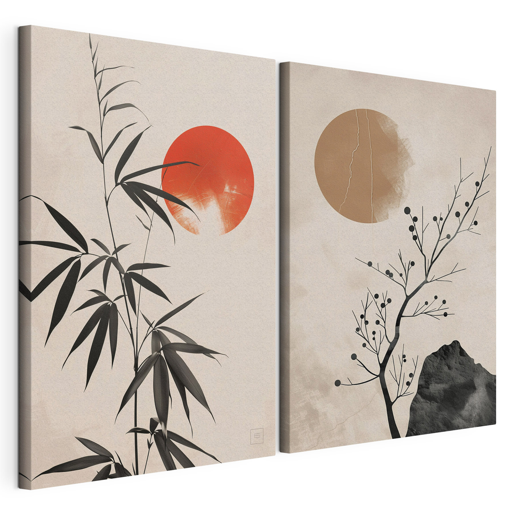 Two images of plants and a red sun Two images of plants and a red sun