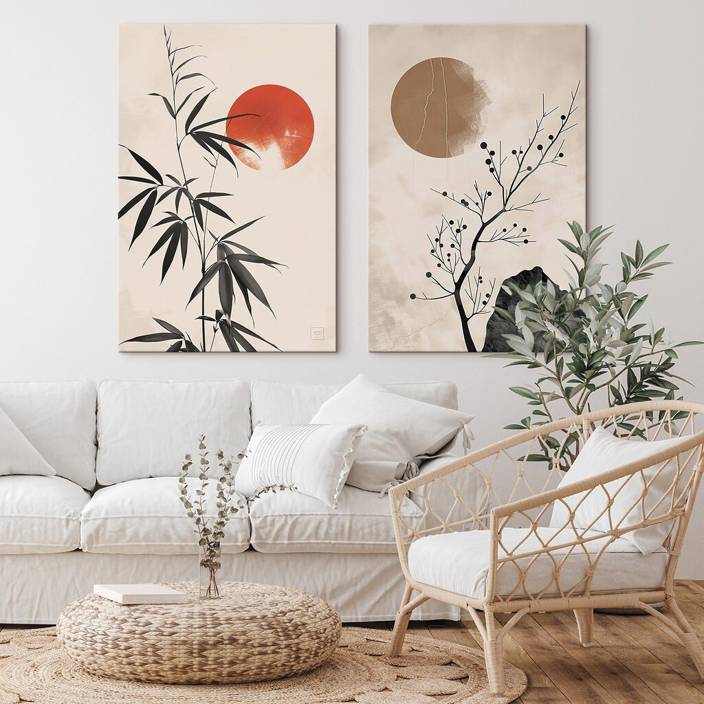 Two images of plants and a red sun Two images of plants and a red sun