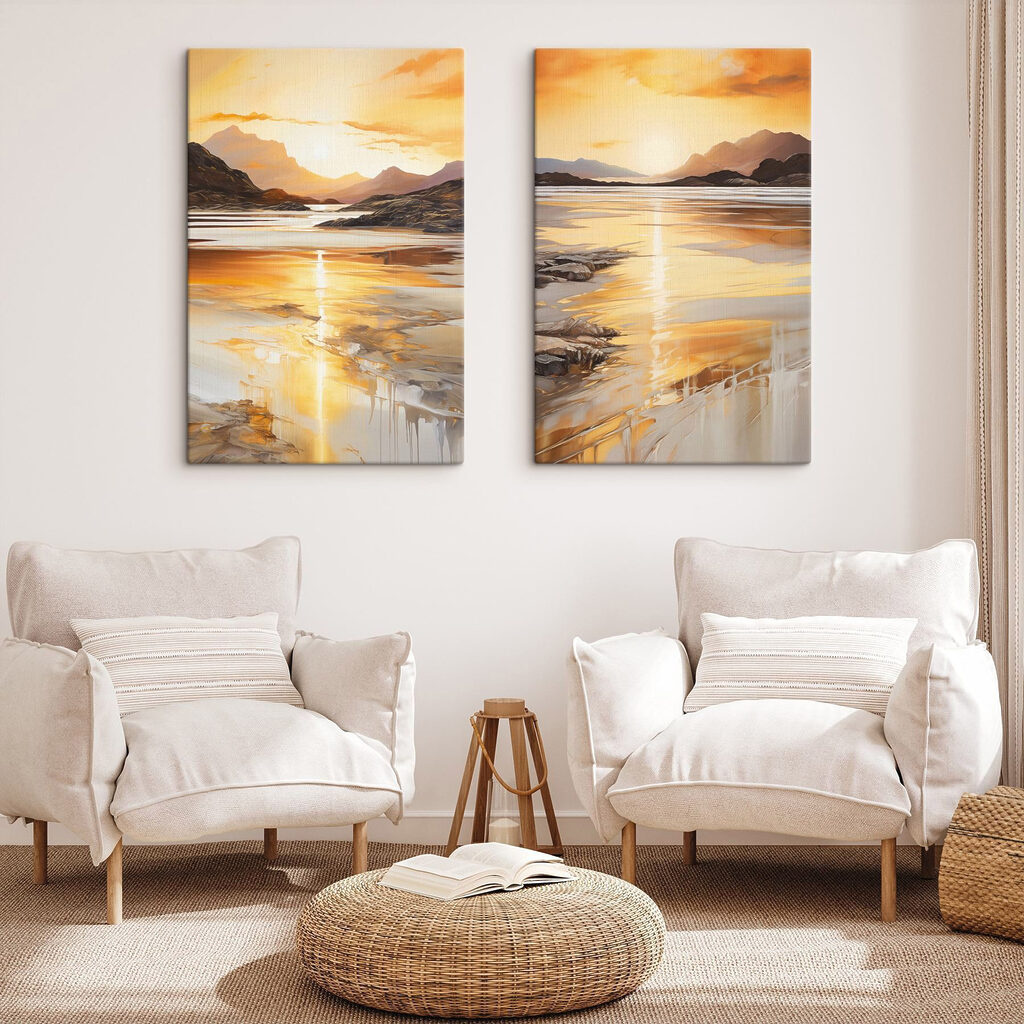 Painting of a beach and mountains Painting of a beach and mountains