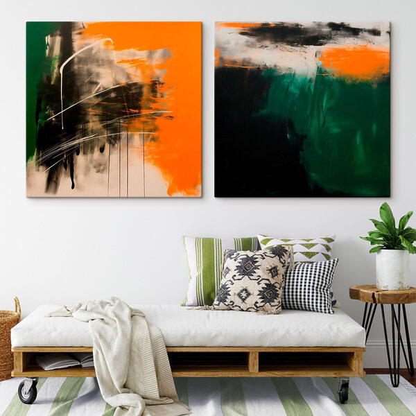 Two art pieces of orange and black Two art pieces of orange and black