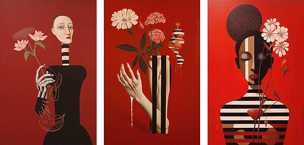 Group of paintings on red Group of paintings on red