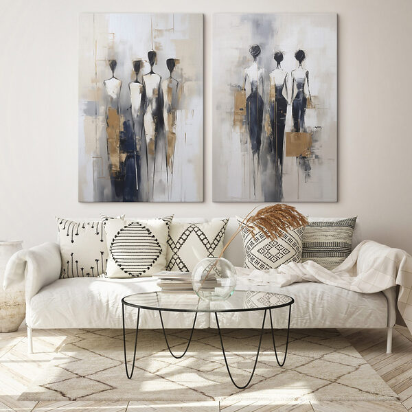 Painting of people standing in a line Painting of people standing in a line