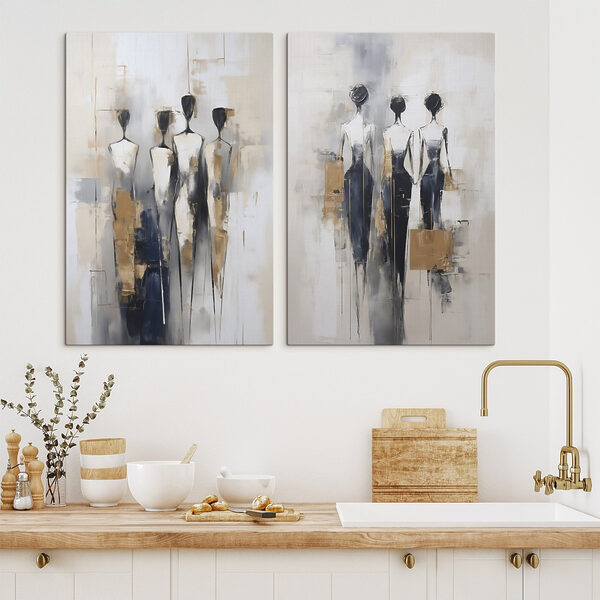 Painting of people standing in a line Painting of people standing in a line