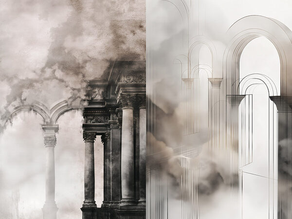 Collage of a building with columns and smoke Collage of a building with columns and smoke