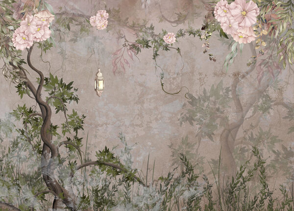 Painting of a tree with flowers and a lantern
