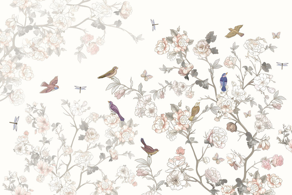 Floral scene with colorful birds