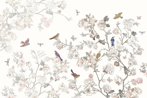Floral scene with colorful birds