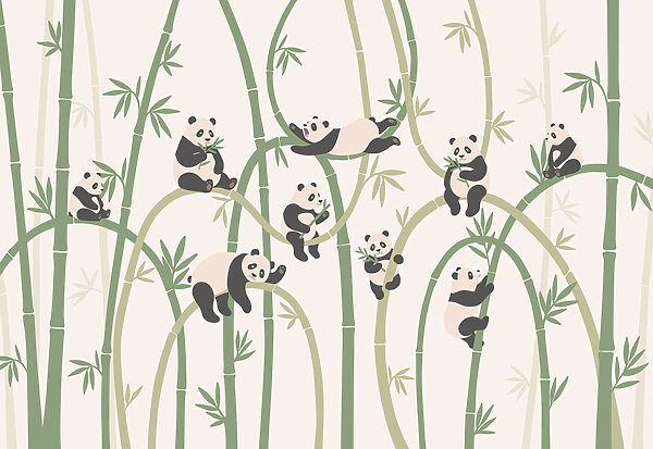 Group of pandas on bamboo