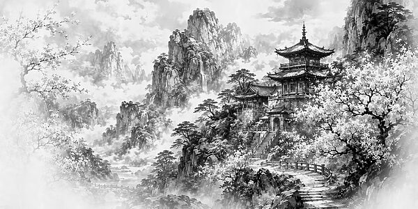 Painting of a building on a mountain Painting of a building on a mountain