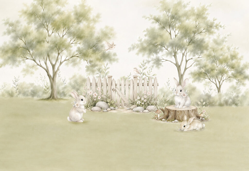 Painting of rabbits in a garden