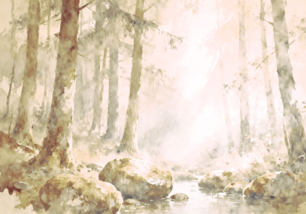 Watercolor painting of a river with rocks and trees Watercolor painting of a river with rocks and trees