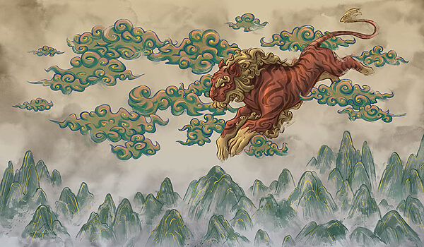Painting of a tiger with clouds