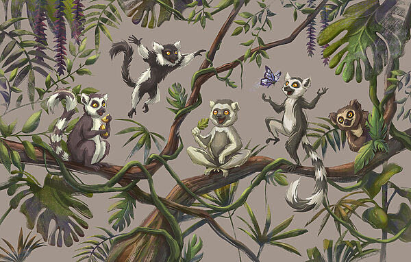 Group of lemurs on a tree branch