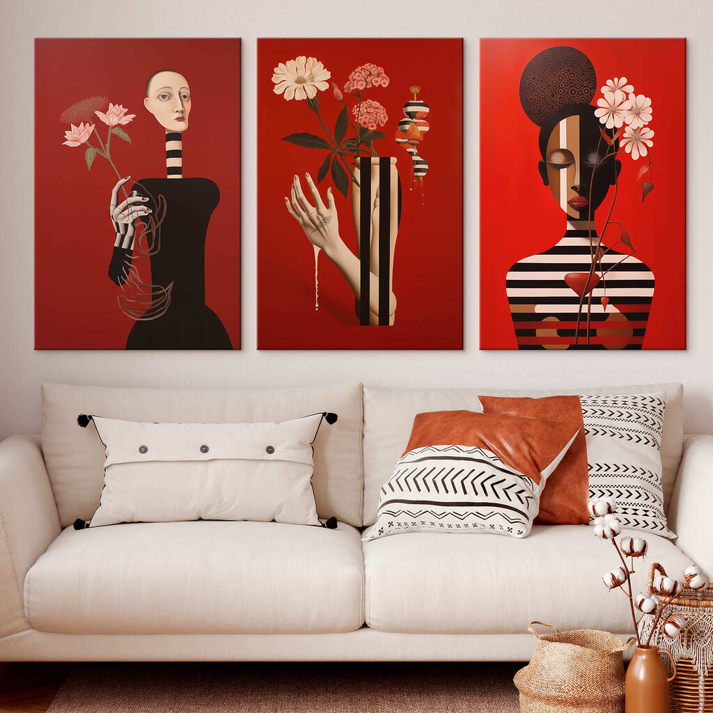 Group of paintings on red Group of paintings on red