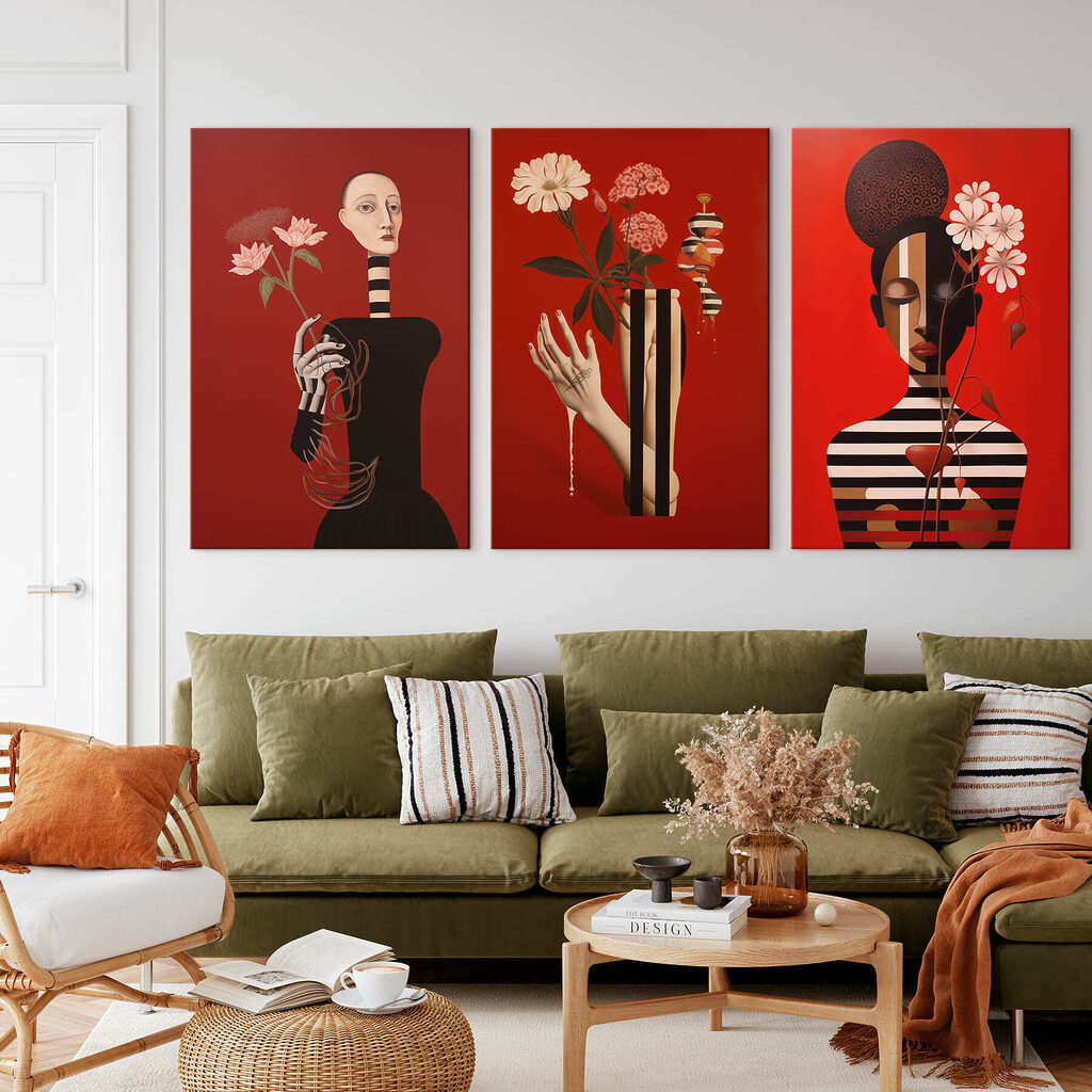 Group of paintings on red Group of paintings on red