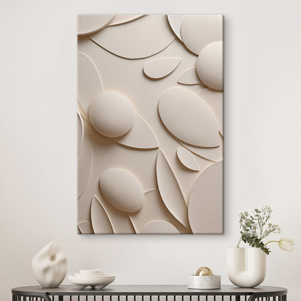 White and beige background with circles and leaves