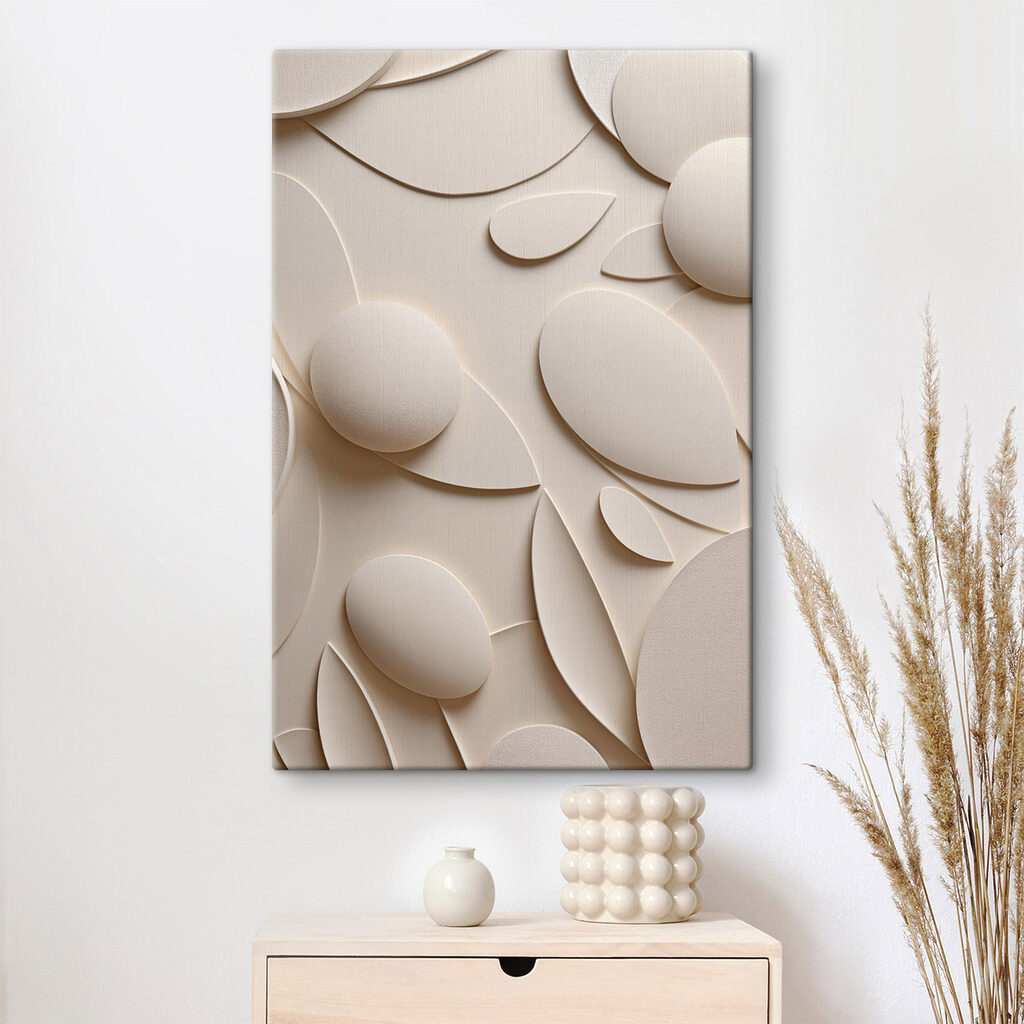 White and beige background with circles and leaves