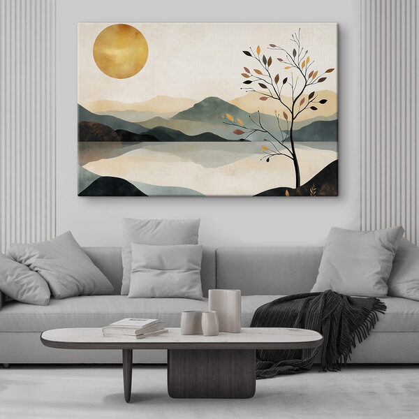 Tree and a lake with mountains and sun