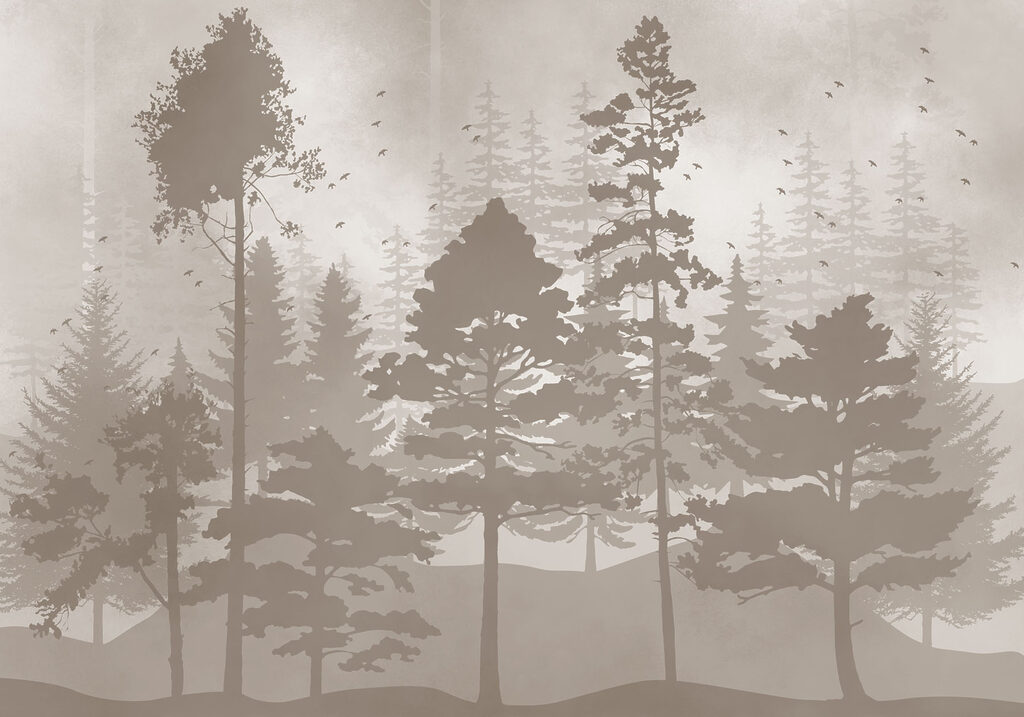 Group of trees with birds flying